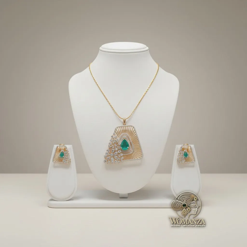 Emerald Radiance Triangular Pendant Set in Dual-Tone