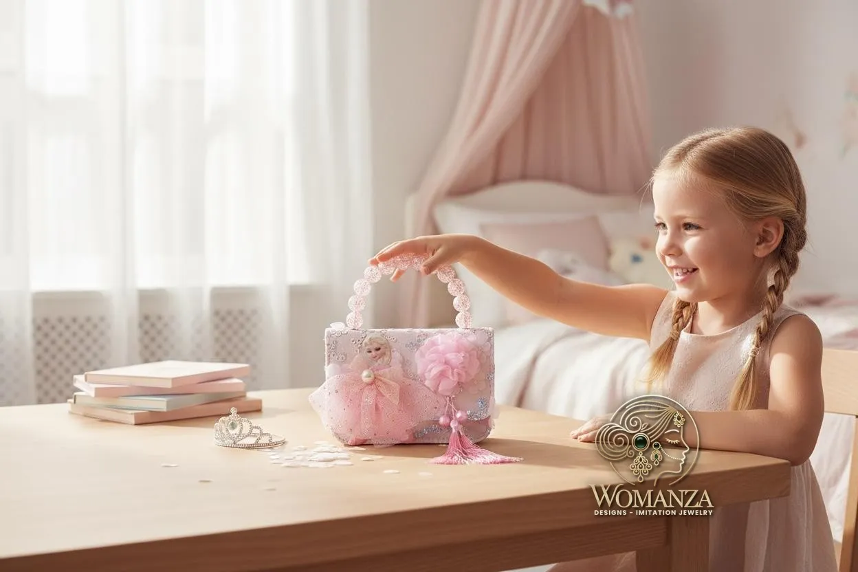Princess Pink Beaded Handle Handbag for Girls with Bow & Tassel