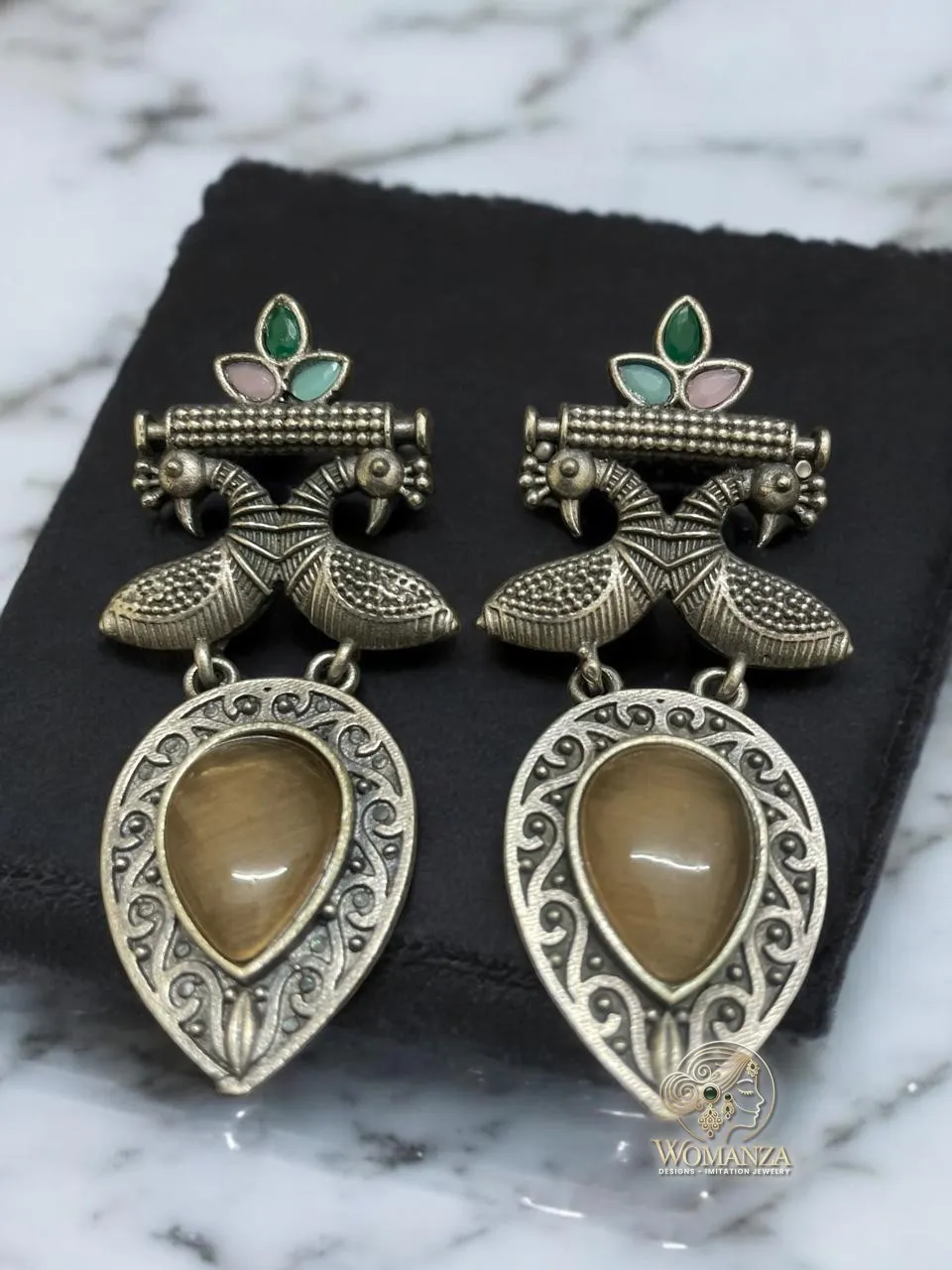 Mayura Darpan Oxidised Silver Peacock Earrings with Golden Teardrop