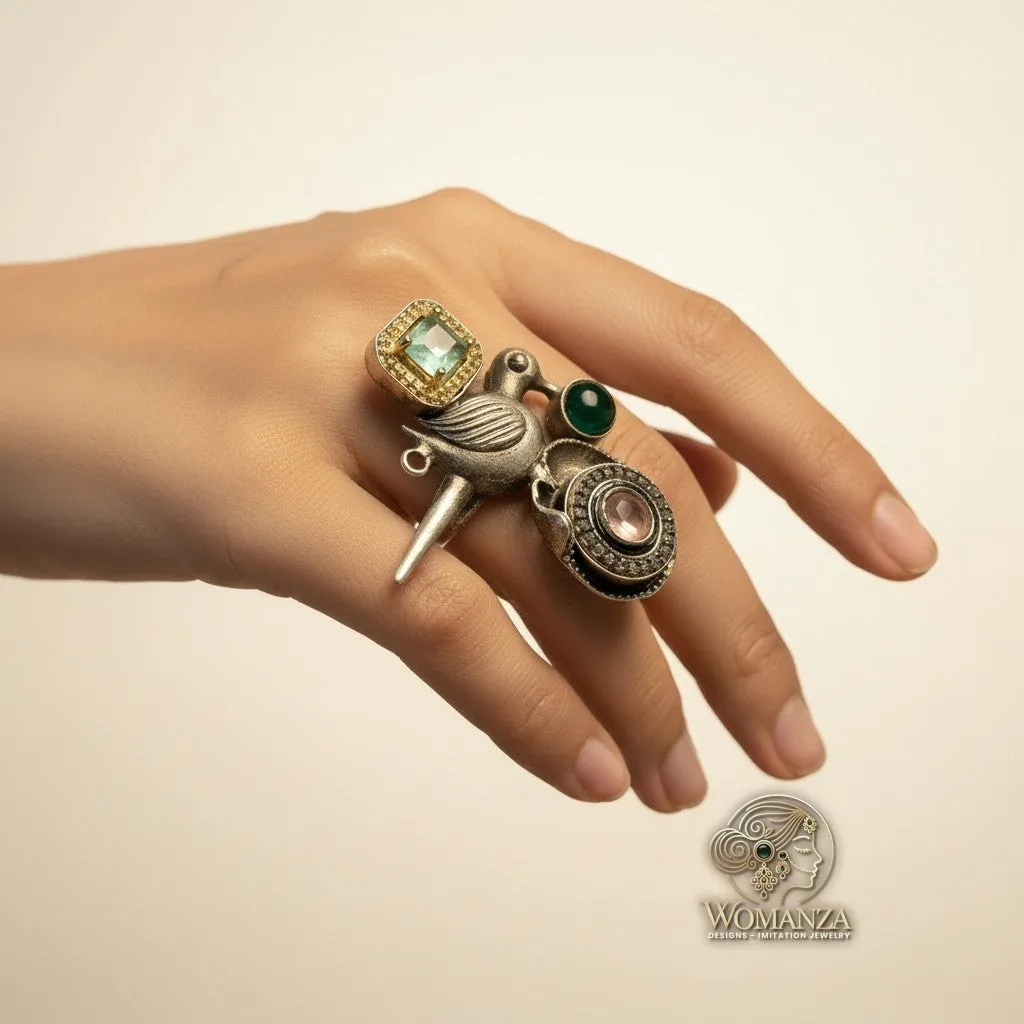 Bird Motif Oxidised Statement Ring with Multicolour Stones