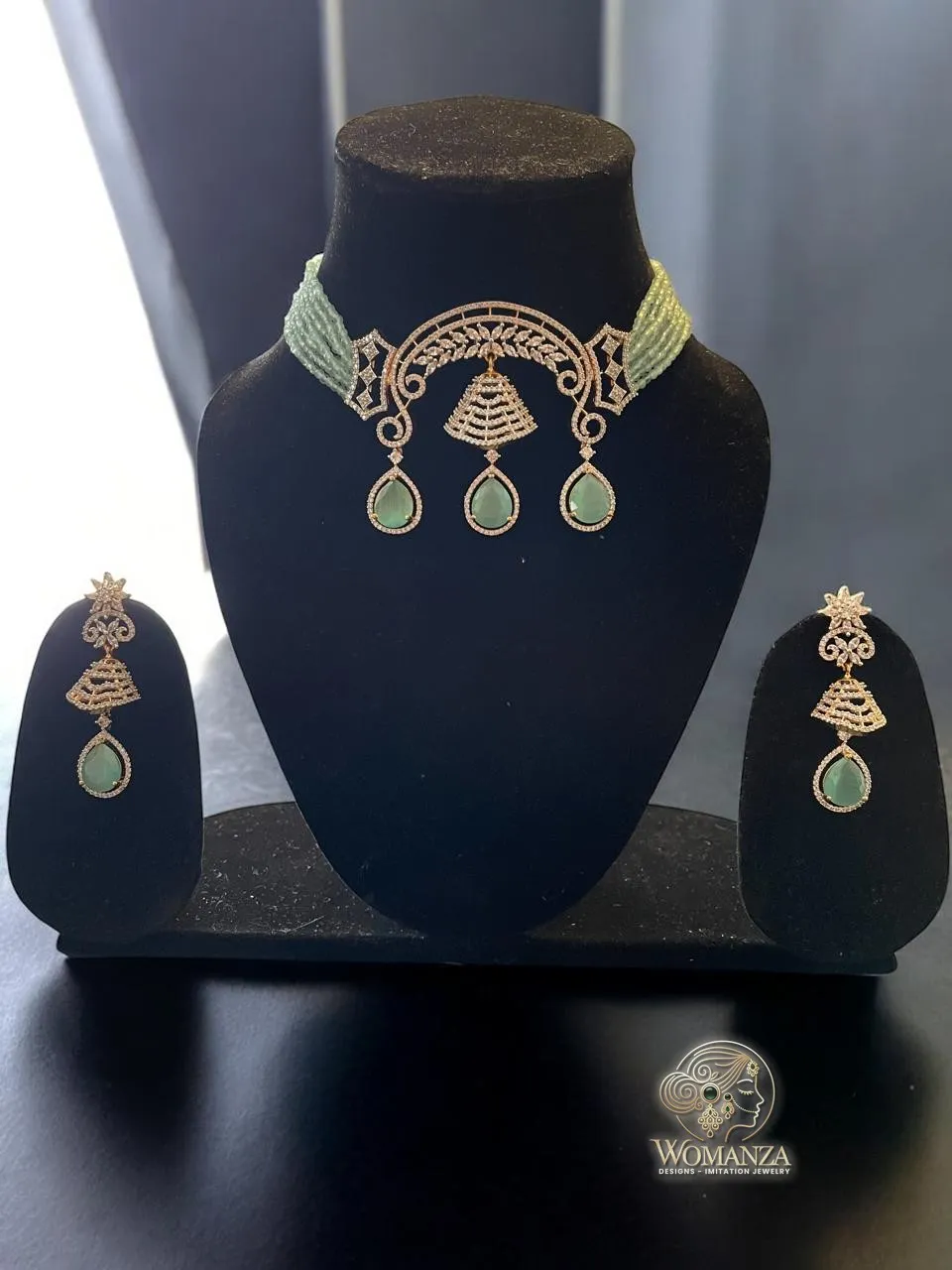 Mint Green Beaded Bell Drop Choker Necklace Set