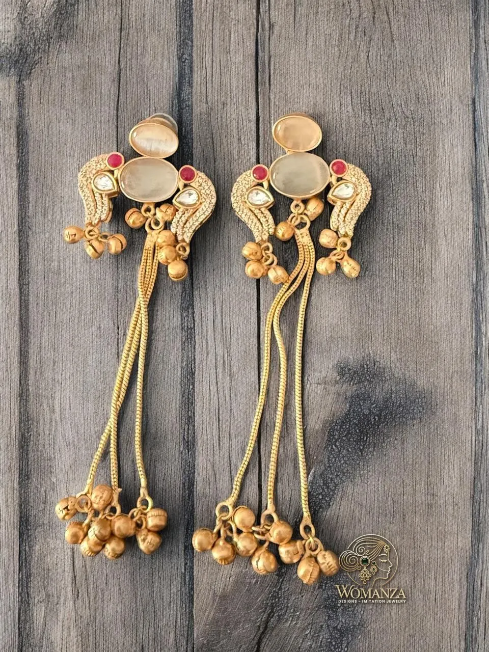 Traditional Long Dangler Earrings with Red & White Stones & Ghungroo Tassels