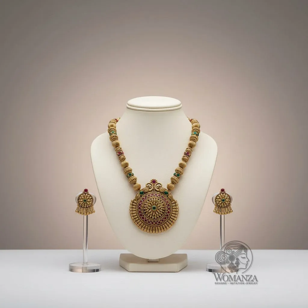 Antique Temple Medallion Necklace Set with Multi-Stone Jhumkas