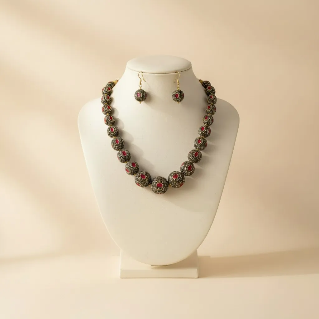 Ruby Stone Beaded Mala Necklace Set with Drop Earrings
