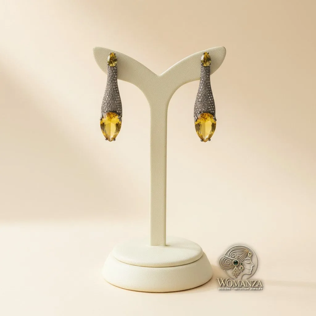 Citrine Drop Indo-Western Earrings with Nano-Setting Stones