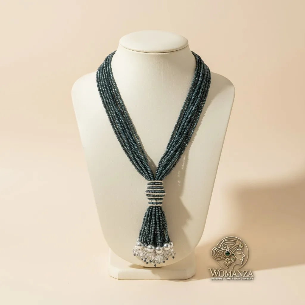 Charcoal Grey Multi-Strand Beaded Tassel Mala Necklace