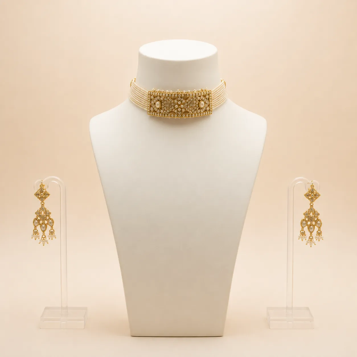 Royal Pearl & Kundan Choker Set with Chandelier-Style Earrings