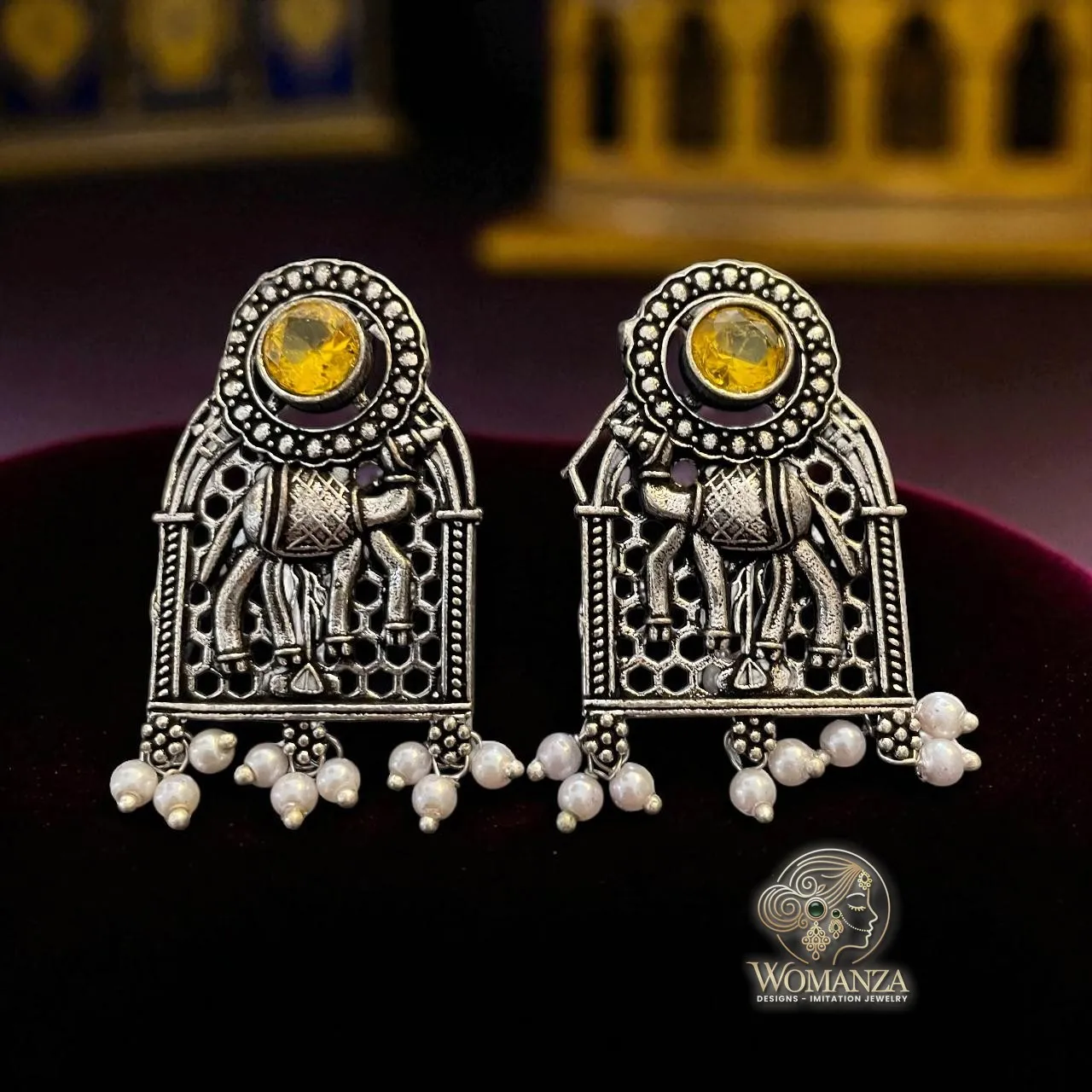 Oxidised Elephant Motif Earrings with Yellow Stone & Pearls