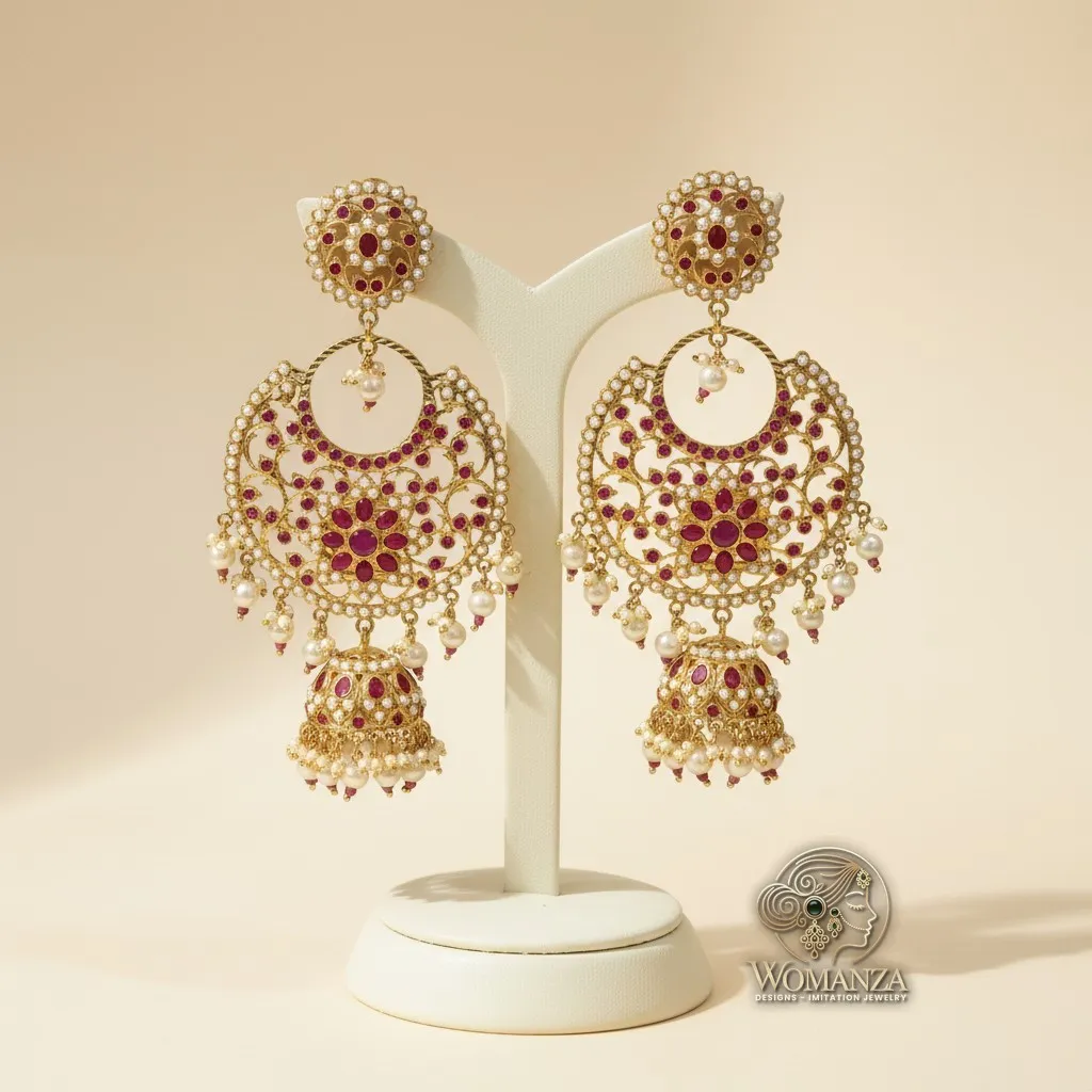Jadau Chandbali Earrings with Ruby-Toned Stones & Jhumka Drops