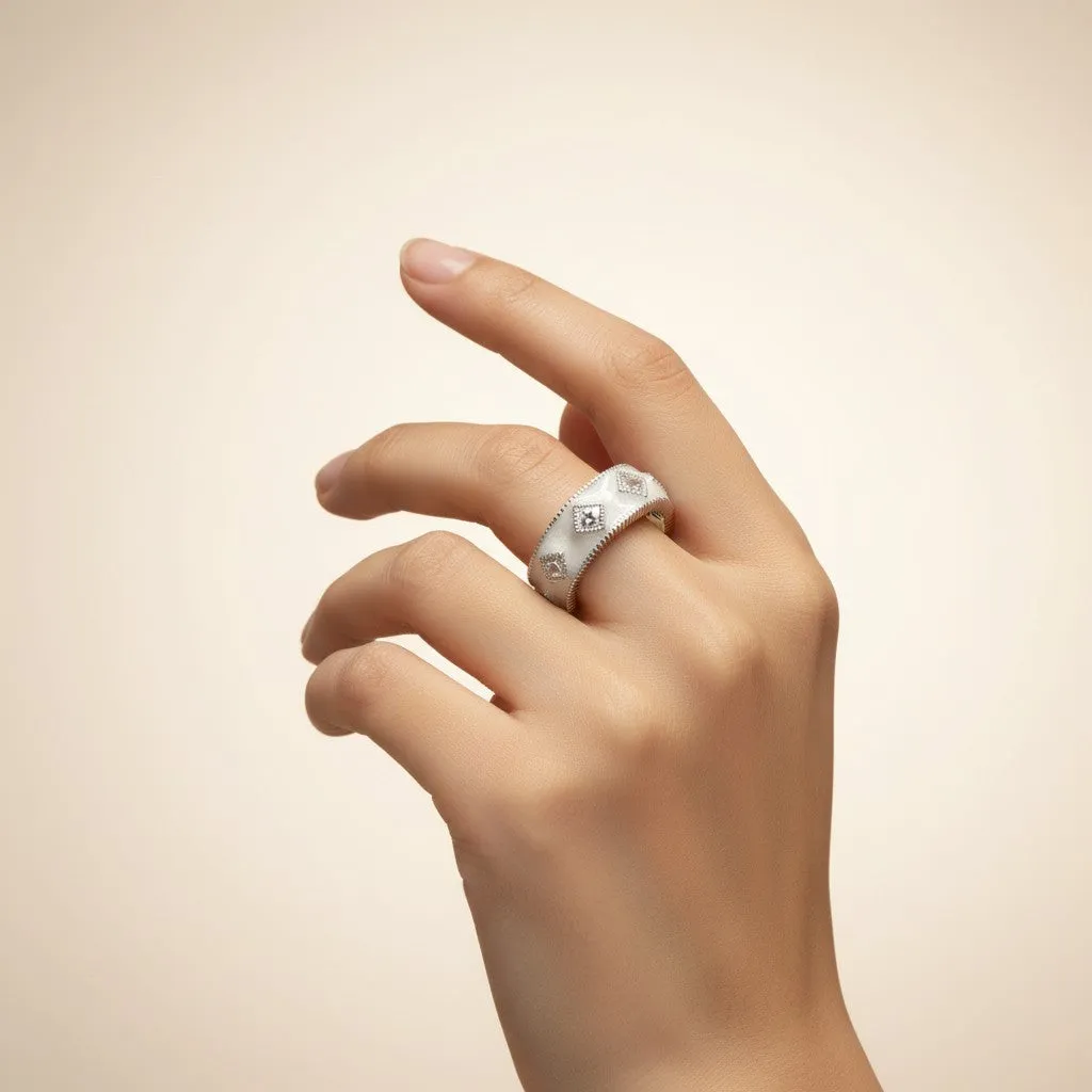 Chunky Open Silver Band Ring with Diamond-Shaped Textured Motifs