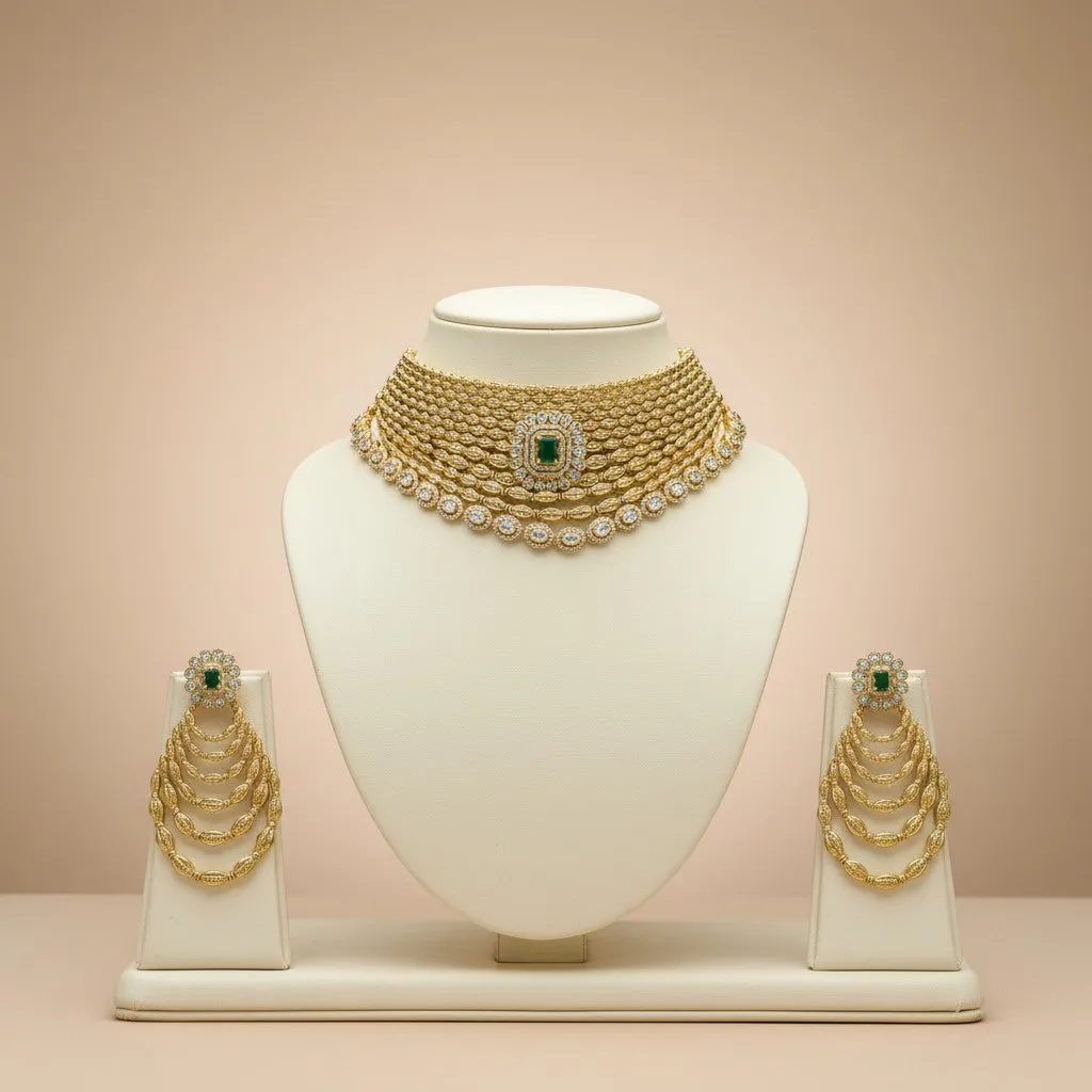 Zamindari Royal Emerald Layered Choker Set with Cascading Earrings