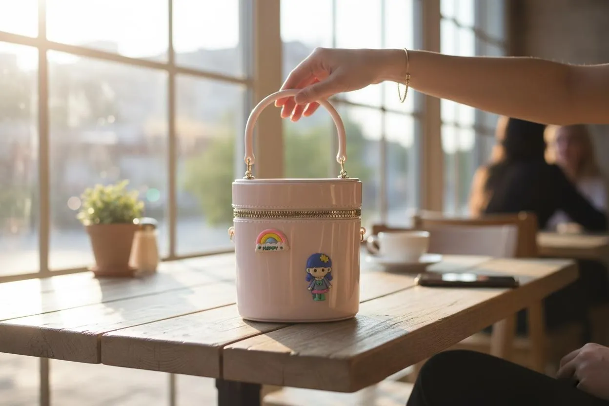 Cute Cylinder Mini Handbag with Cartoon Charms — Pastel Pink