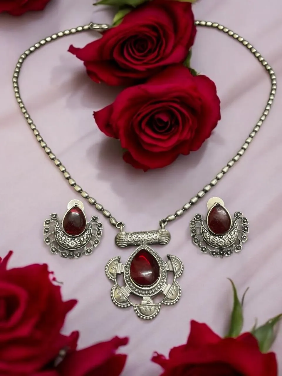 Vintage Red Stone Oxidised Silver Necklace Set with Matching Earrings