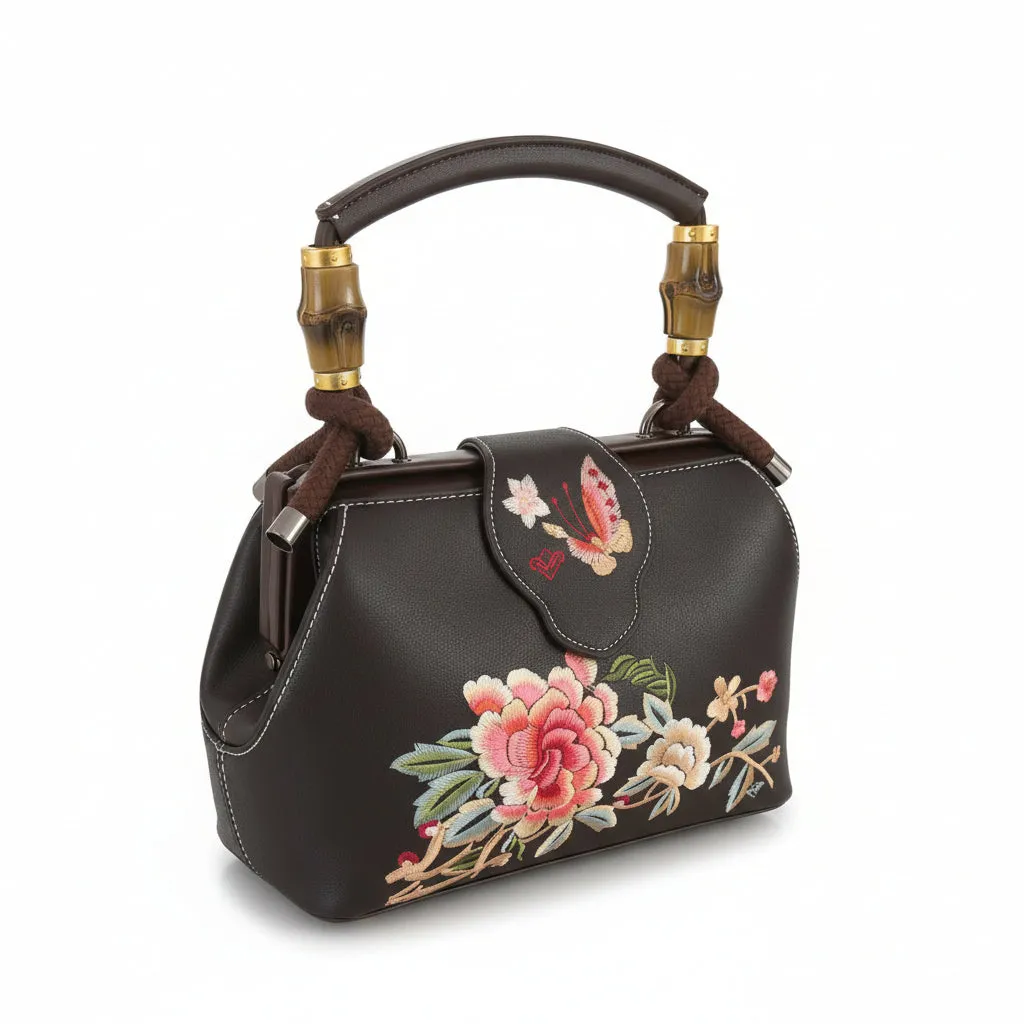 Embroidered Floral Mini Handbag with Bamboo-Inspired Handle