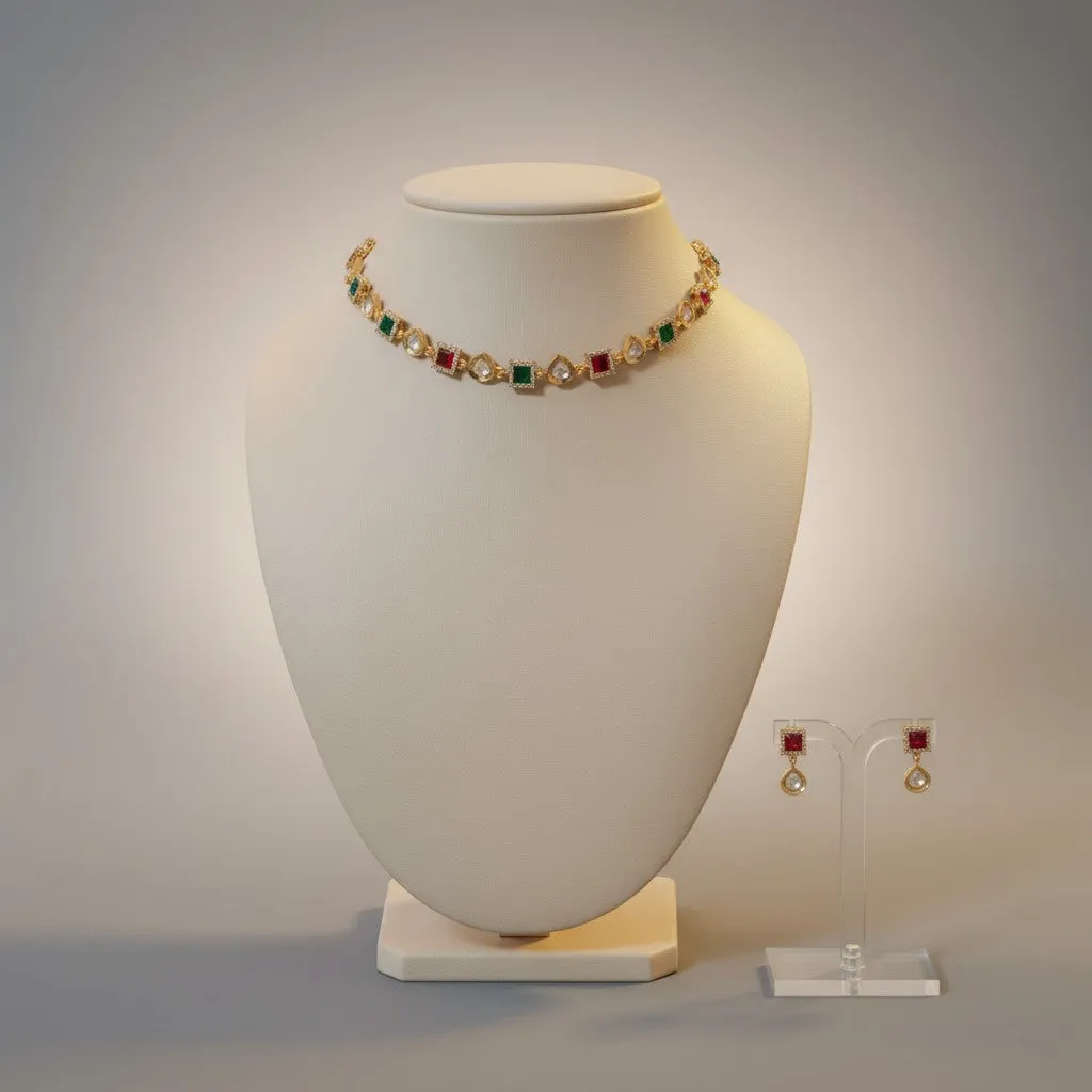 Multicolour Stone Choker Necklace Set with Kundan-Style Pear Drops