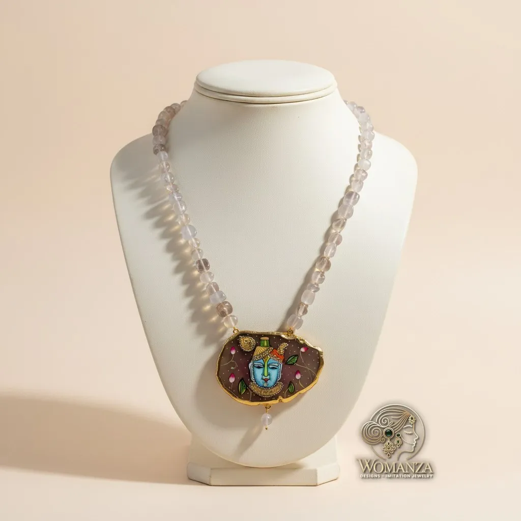 Hand-Painted Shrinathji Natural Stone Pendant Necklace
