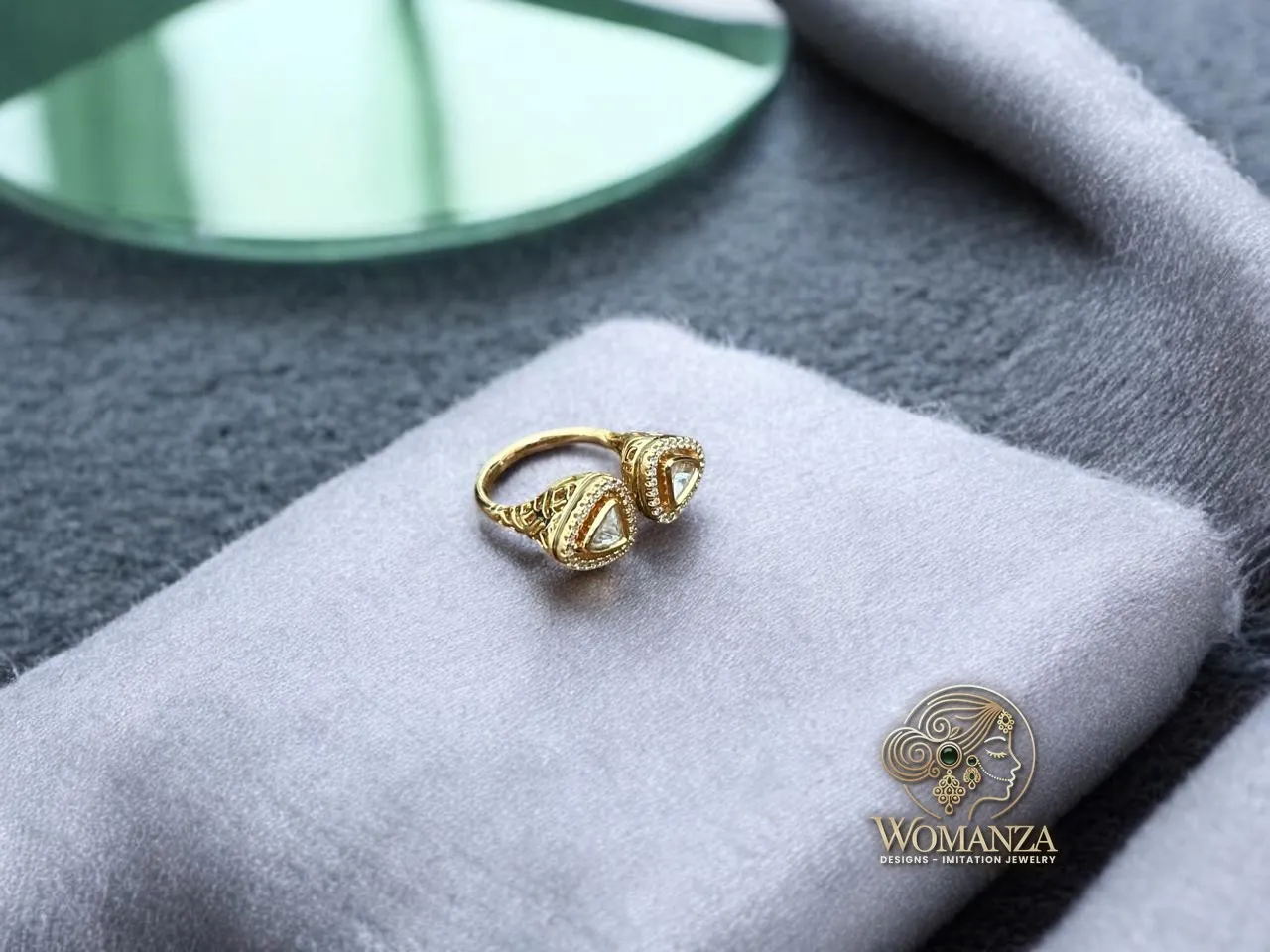 Dual Triangle Open Ring with Beaded Gold-Tone Detailing