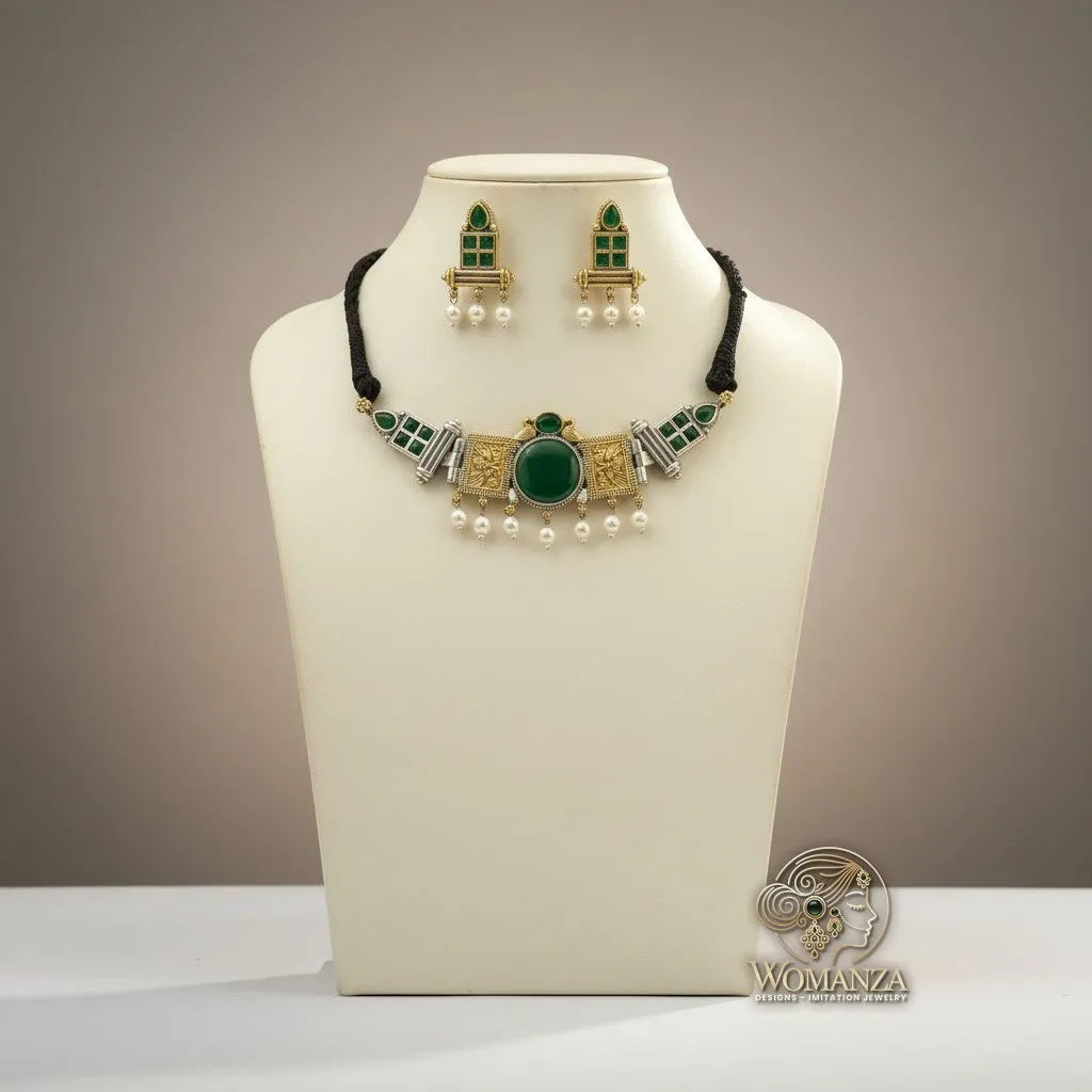 Dual-Tone Green Stone Choker Set with Pearl Drops on Black Dori