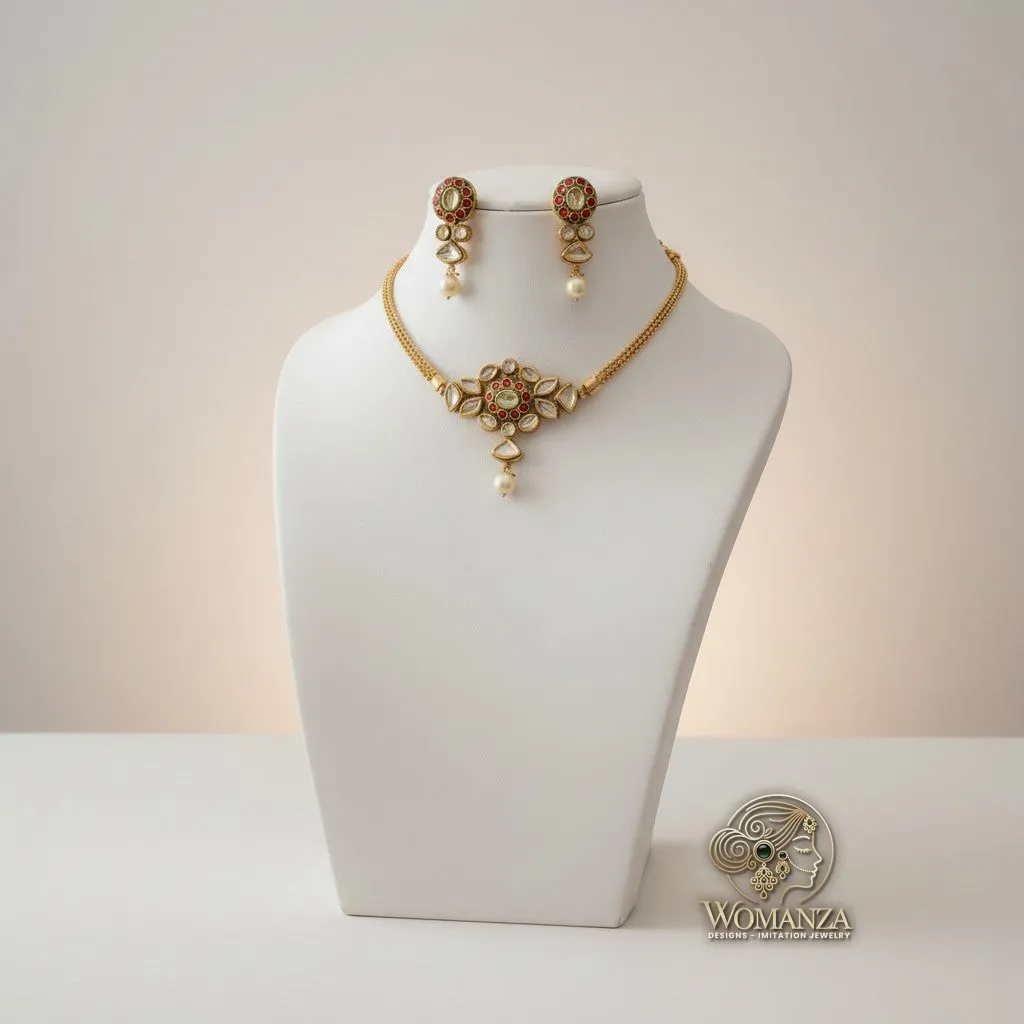 Elegant Red Stone Floral Choker Necklace Set with Pearl Drops