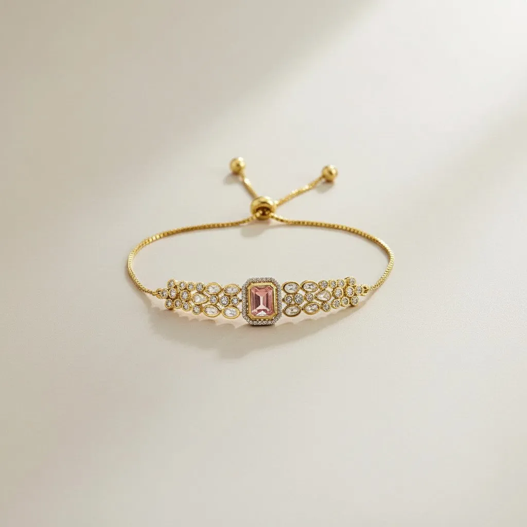 Kundan Adjustable Bracelet with Pink Stone Centrepiece