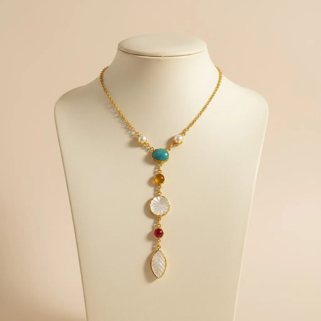 Carved Mother of Pearl & Turquoise Gold Lariat Necklace