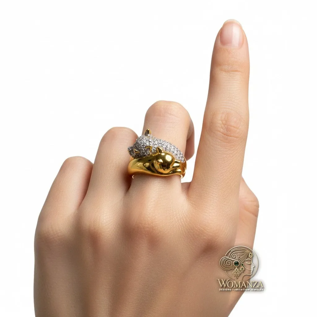 Gold-Tone Panther Wrap Ring with Pavé Crystal Detailing