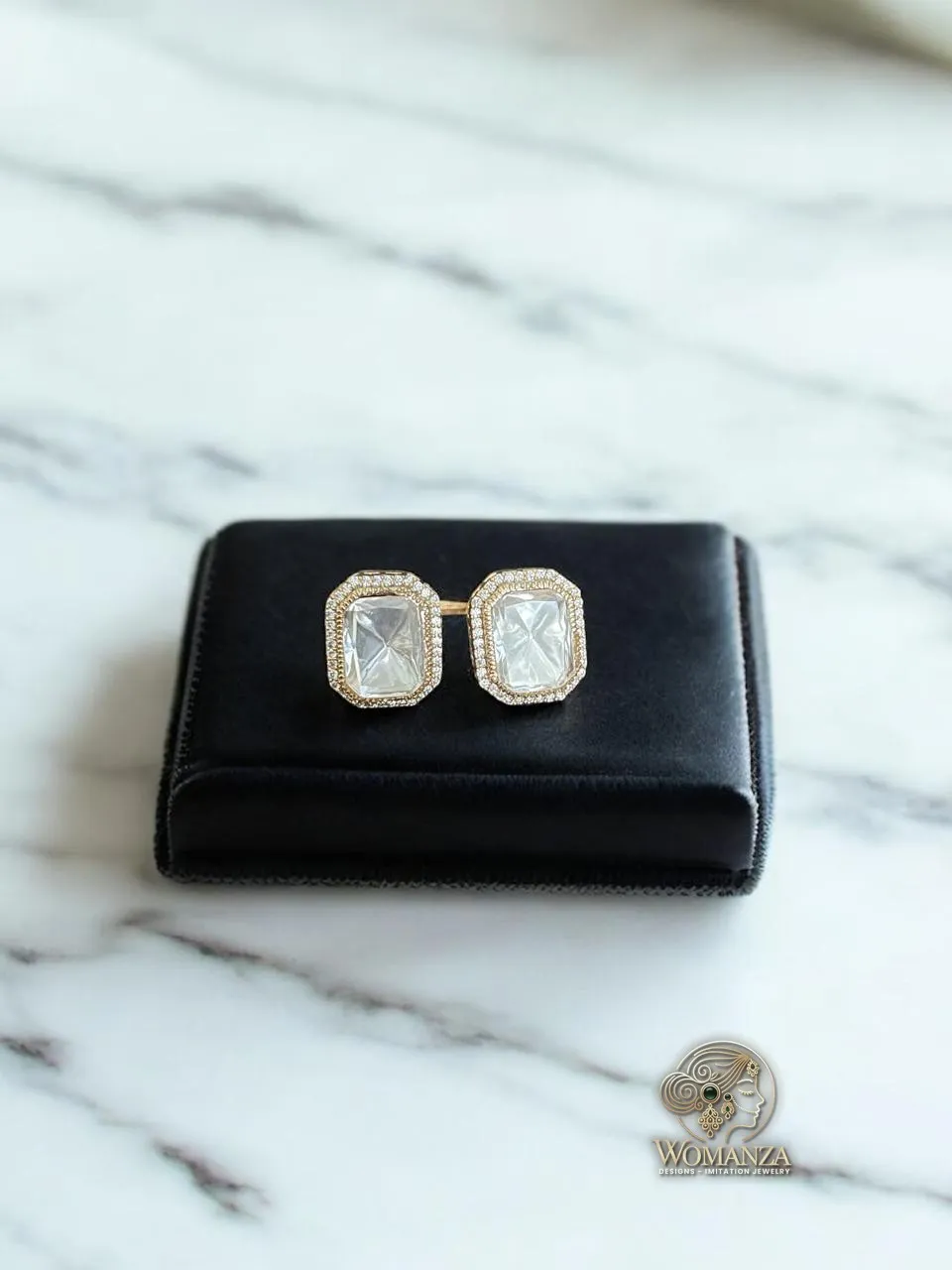 Crystal-Cut Rectangle Stud Earrings with Micro Sparkle Border