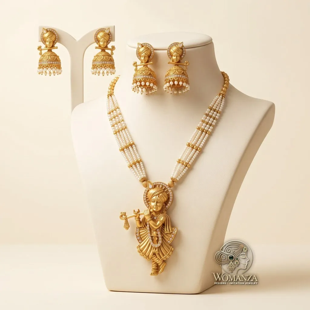 Antique Gold Krishna Rani Haar Necklace Set with Pearl Strands & Jhumkas