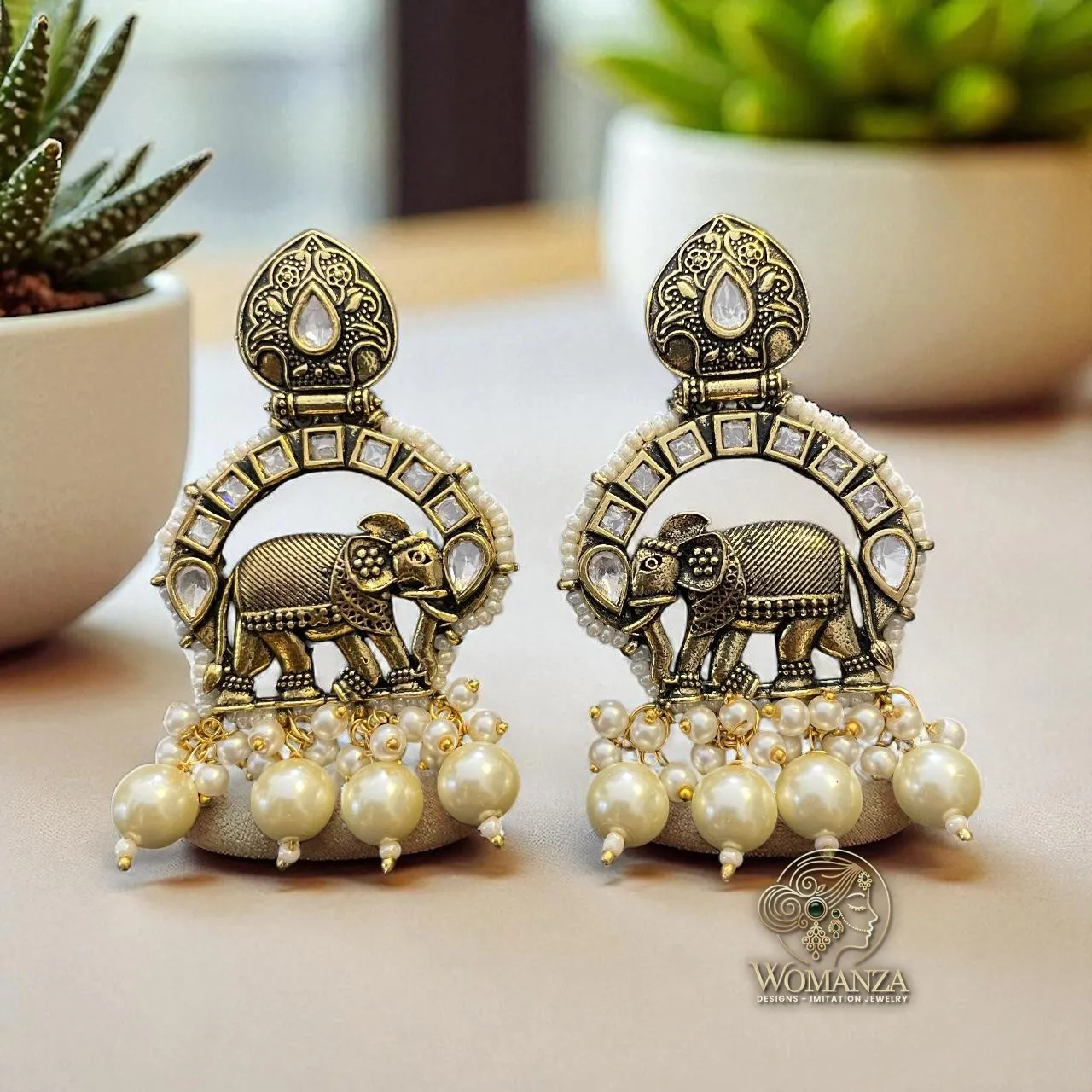 Antique Elephant Motif Earrings with Kundan & Pearl Drops