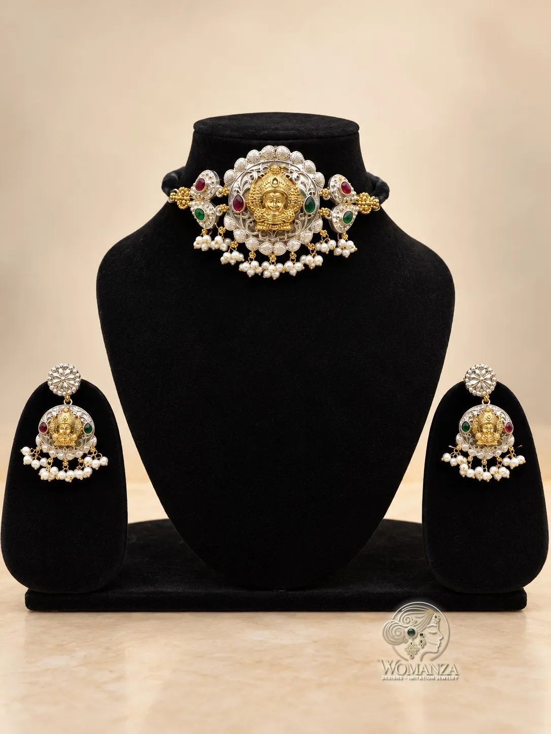 Dual-Tone Lakshmi Temple Choker Set with Pearl Fringe