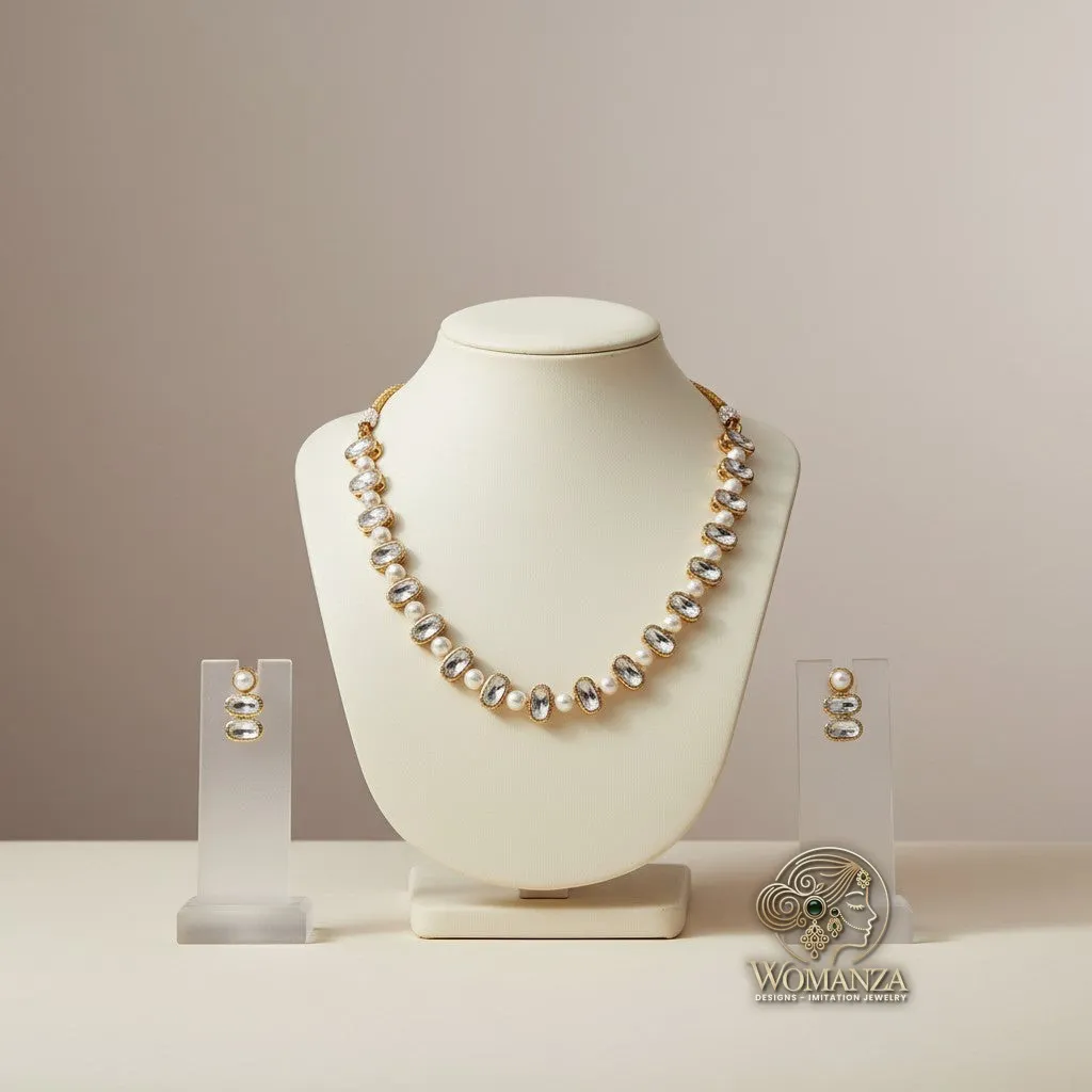 Luna Pearl Crystal Necklace Set with Drop Stud Earrings