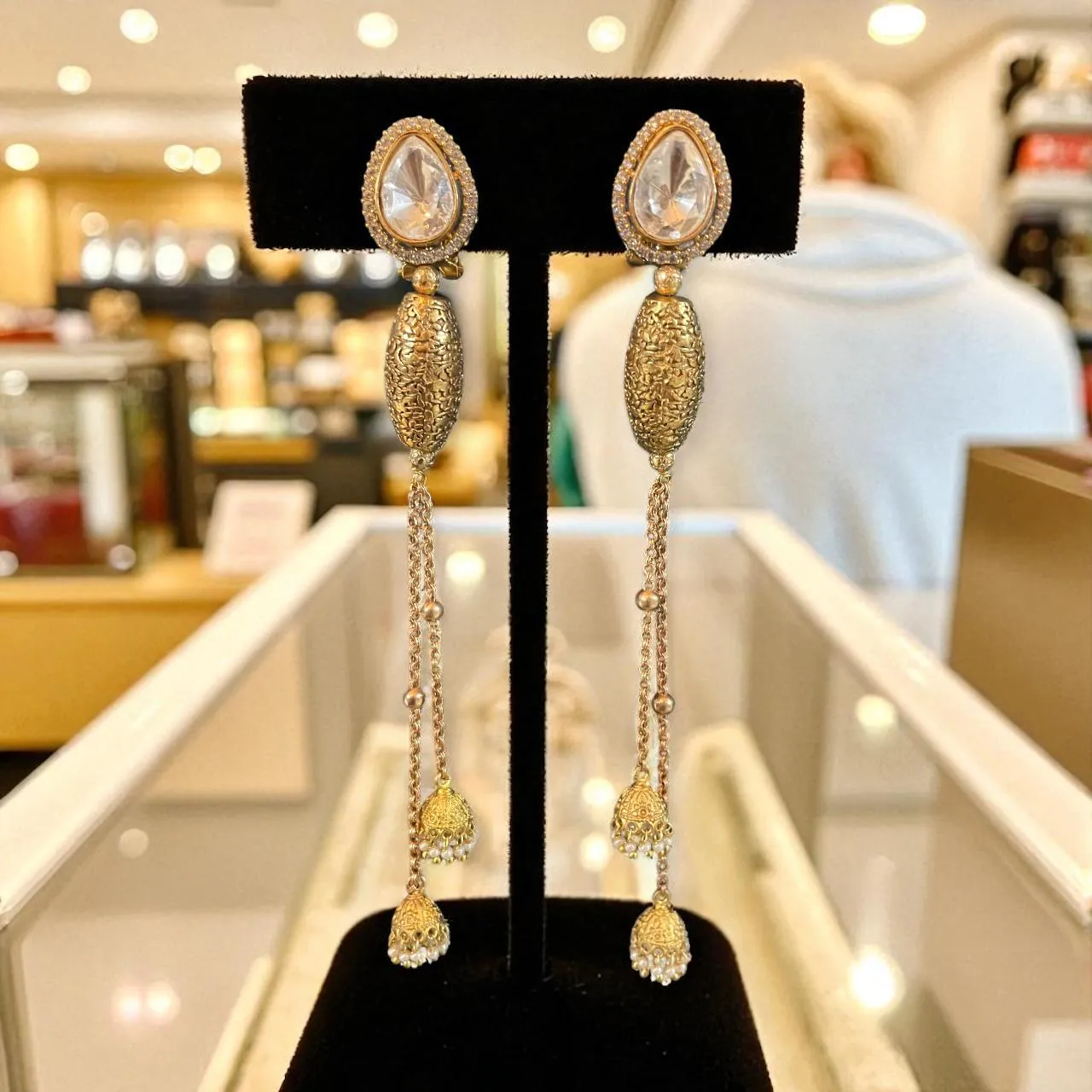 Teardrop Stone Long Dangler Earrings with Dual Chain Drops & Pearl Hangings