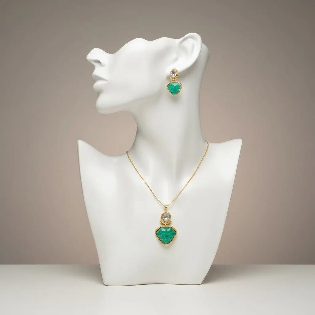 Emerald Stone Statement Pendant Set with Abstract-Cut Centre
