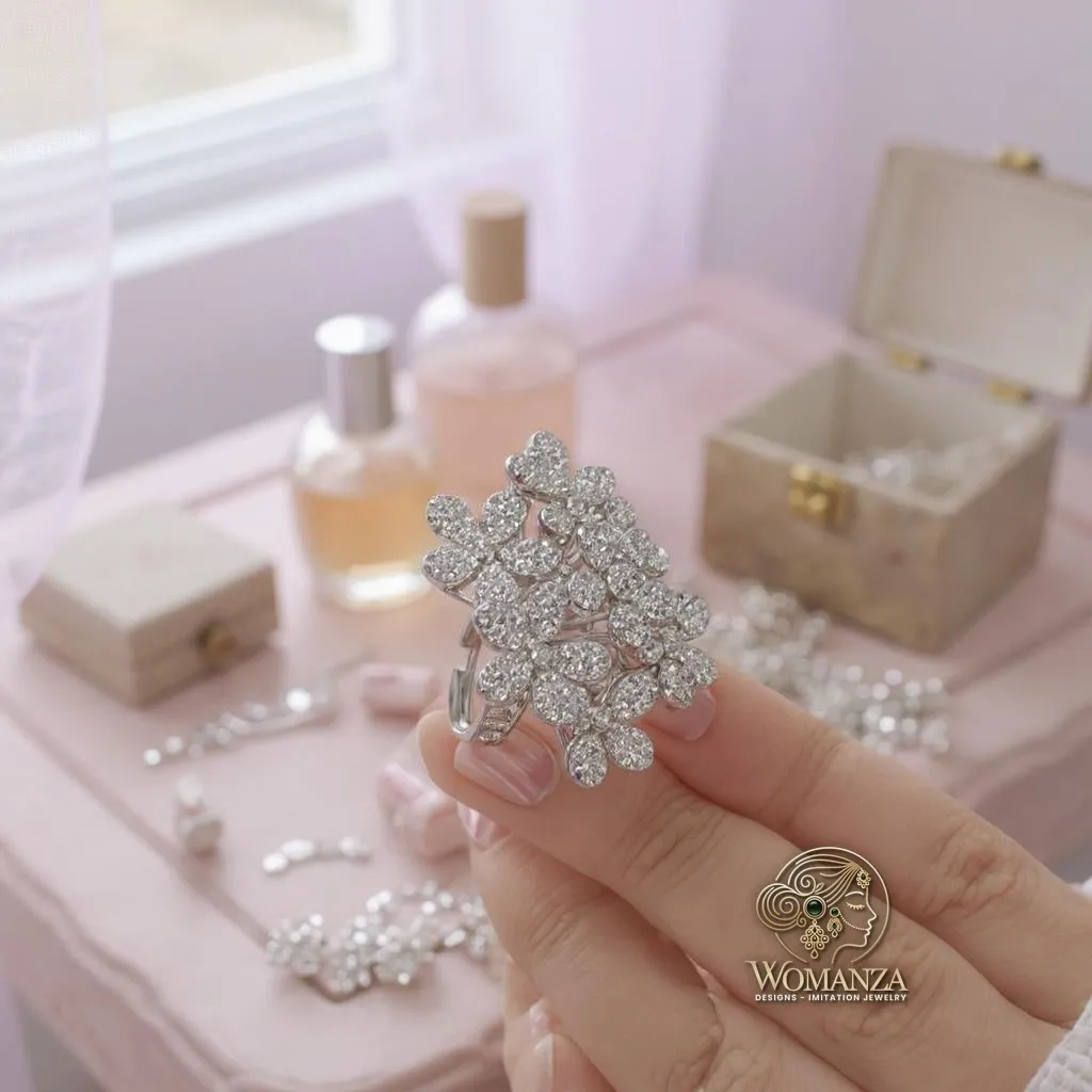 Silver-Tone Floral Cluster Ring with Layered CZ Petals