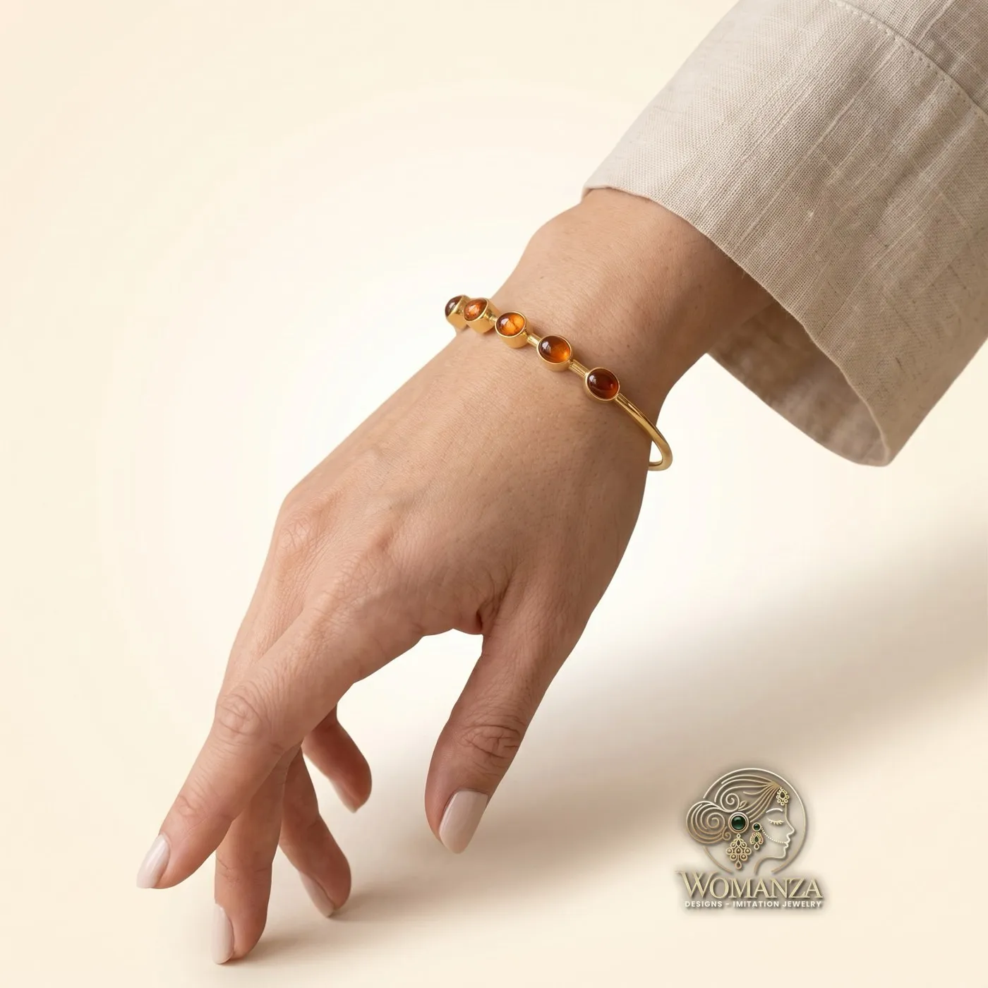 Natural Stone Amber Cabochon Slim Gold Cuff Bracelet