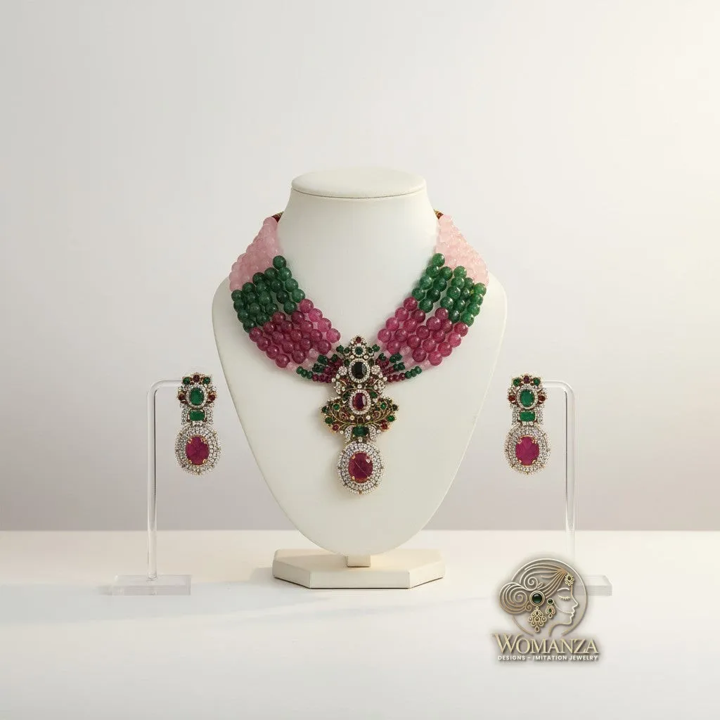 Maharani Gemstone Multistrand Necklace Set with Royal Pendant