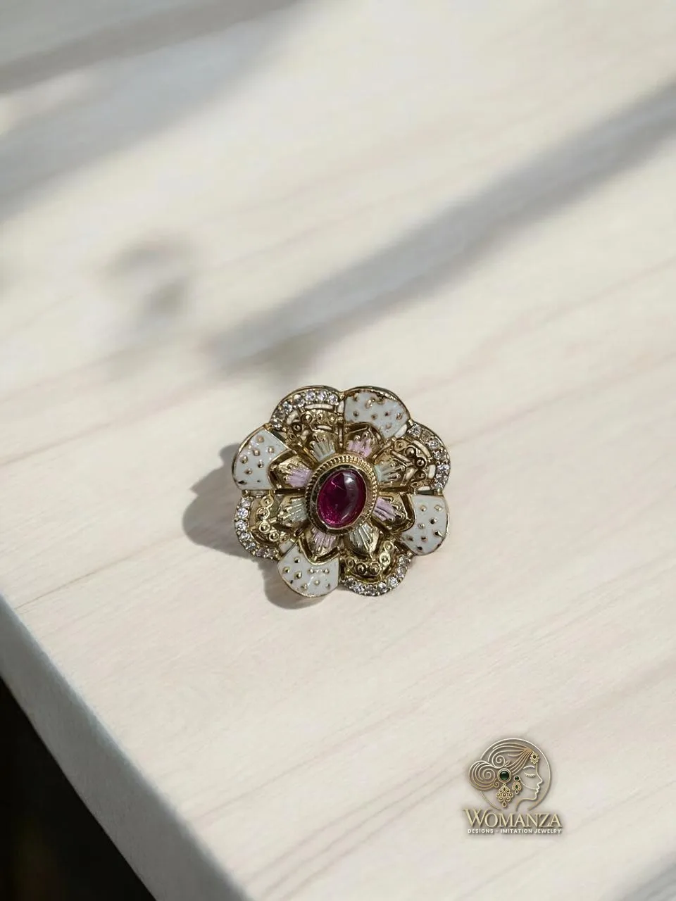 Mughal Bloom Floral Cocktail Ring with Magenta Stone & AD Accents