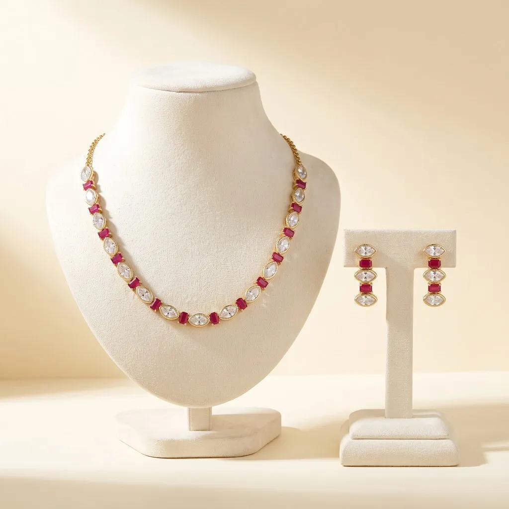 Ruby-Red & White Stone Single Line Necklace Set with Drop Earrings