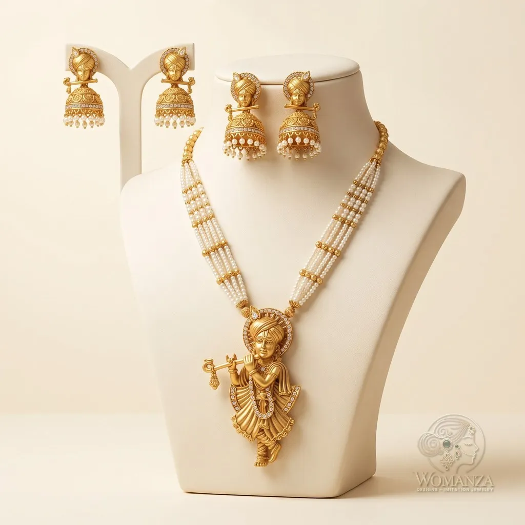 Antique Gold Krishna Rani Haar Necklace Set with Pearl Strands & Jhumkas