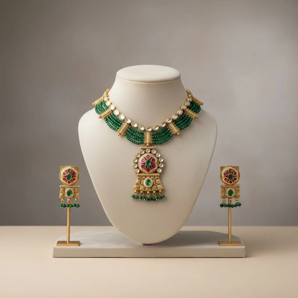Emerald Grace Polki Choker Set with Green Bead Strings & Earrings