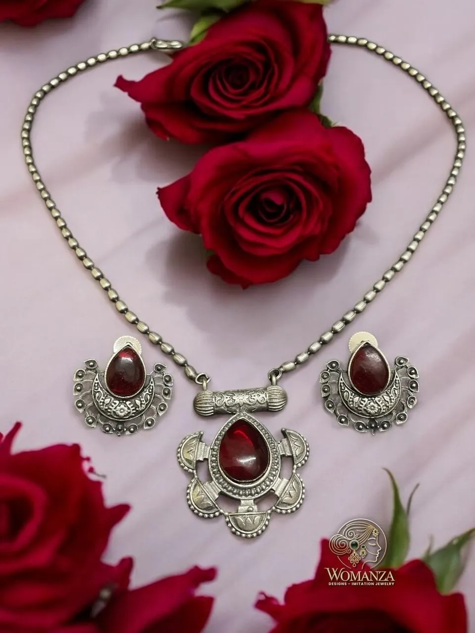 Vintage Red Stone Oxidised Silver Necklace Set with Matching Earrings
