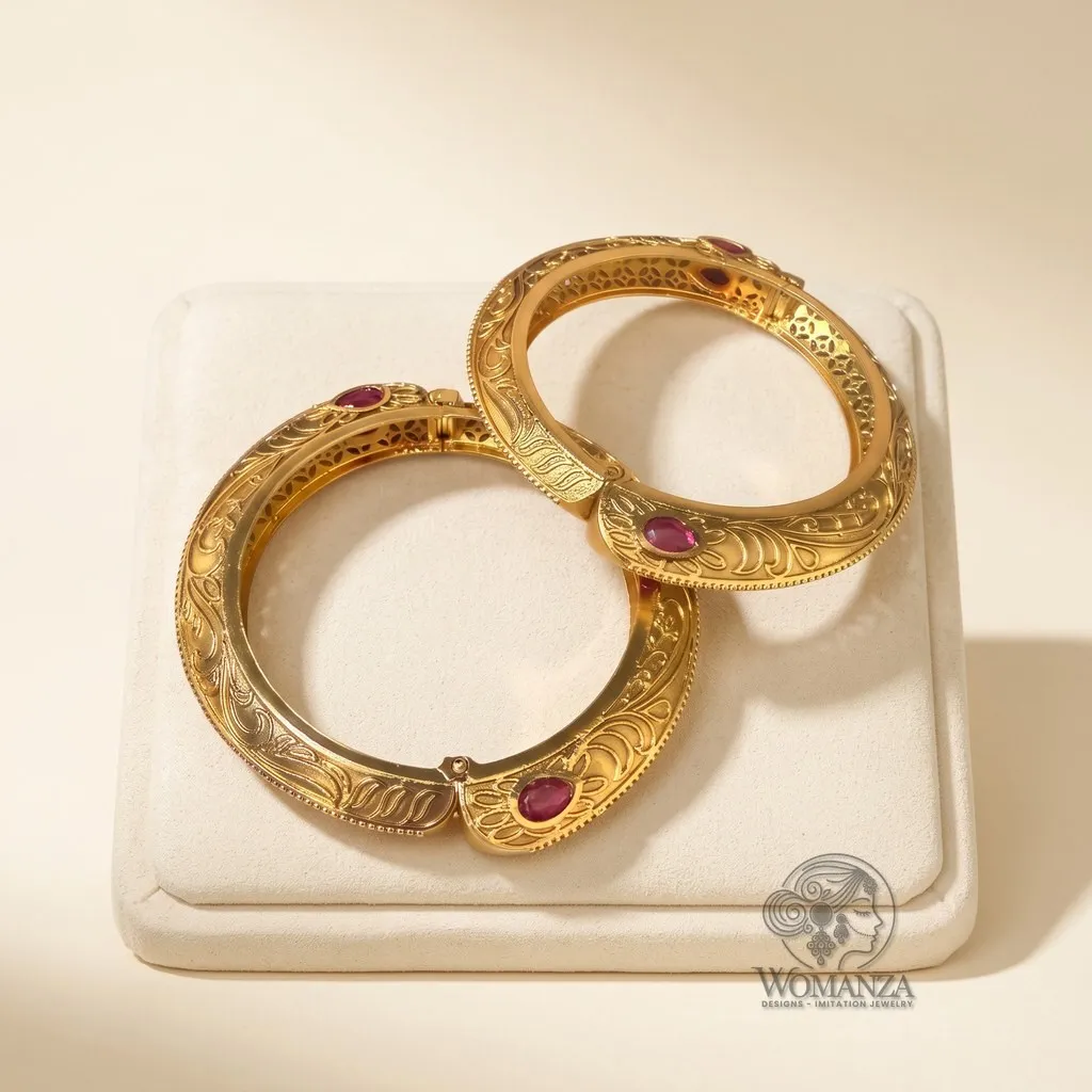 Rajwadi Engraved Openable Kada Pair with Ruby-Toned Stones — Sizes 2.4 & 2.6