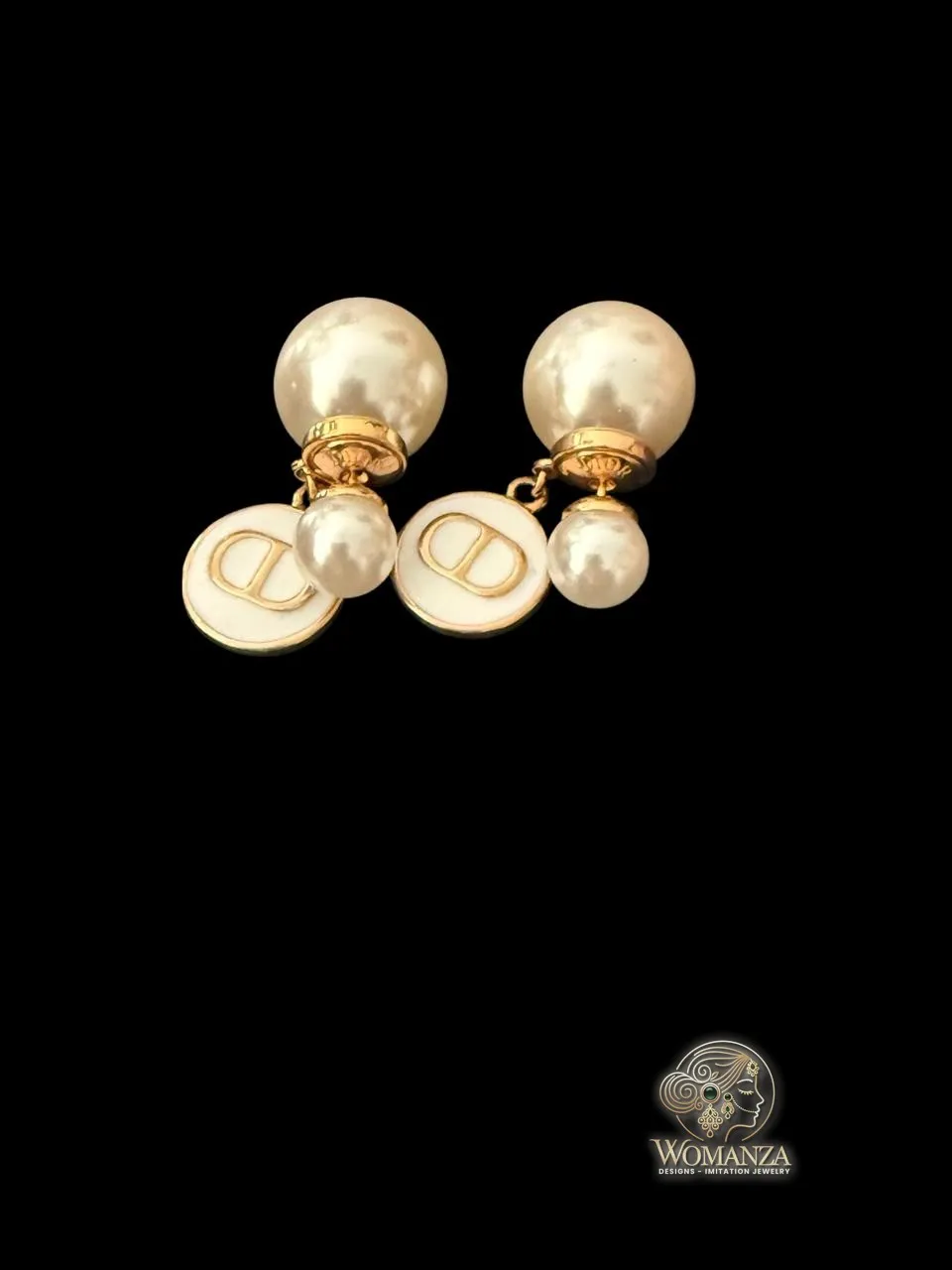 Pearl Drop Earrings with Designer-Inspired Logo Charm