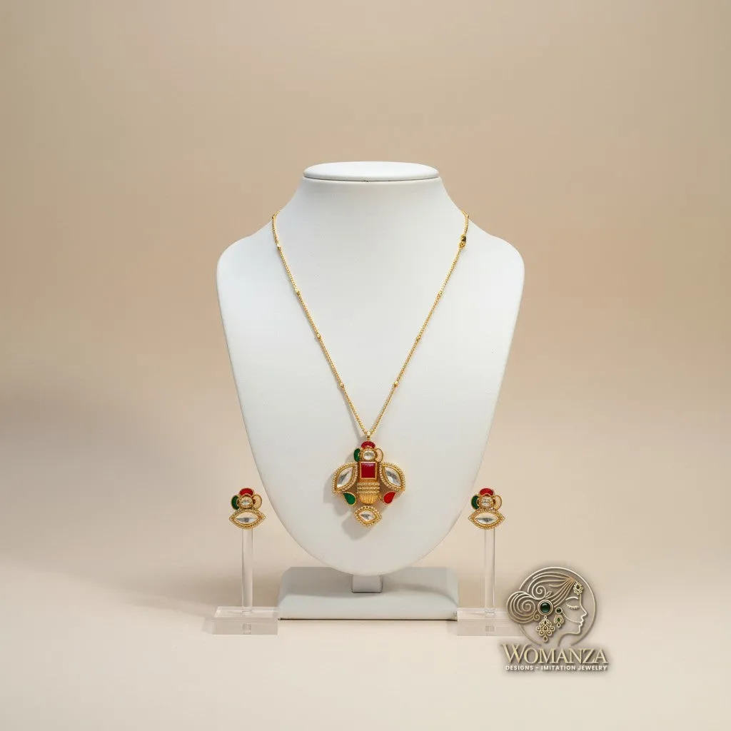 Multicolour Kundan Pendant Long Necklace with Matching Stud Earrings
