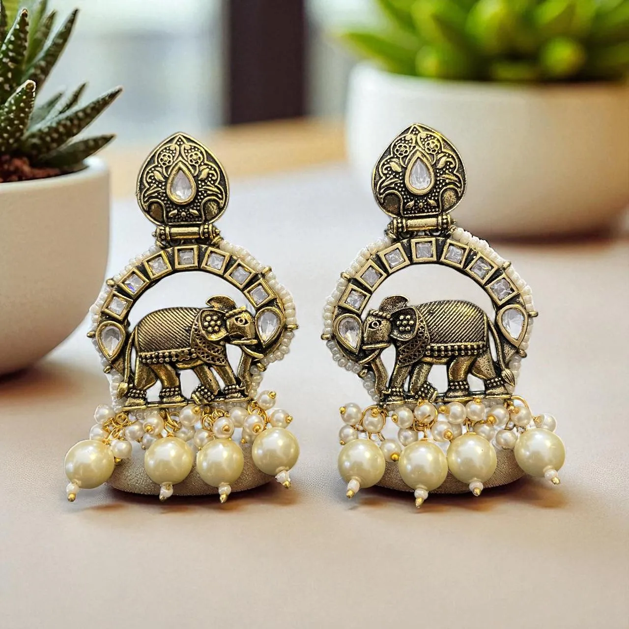 Antique Elephant Motif Earrings with Kundan & Pearl Drops