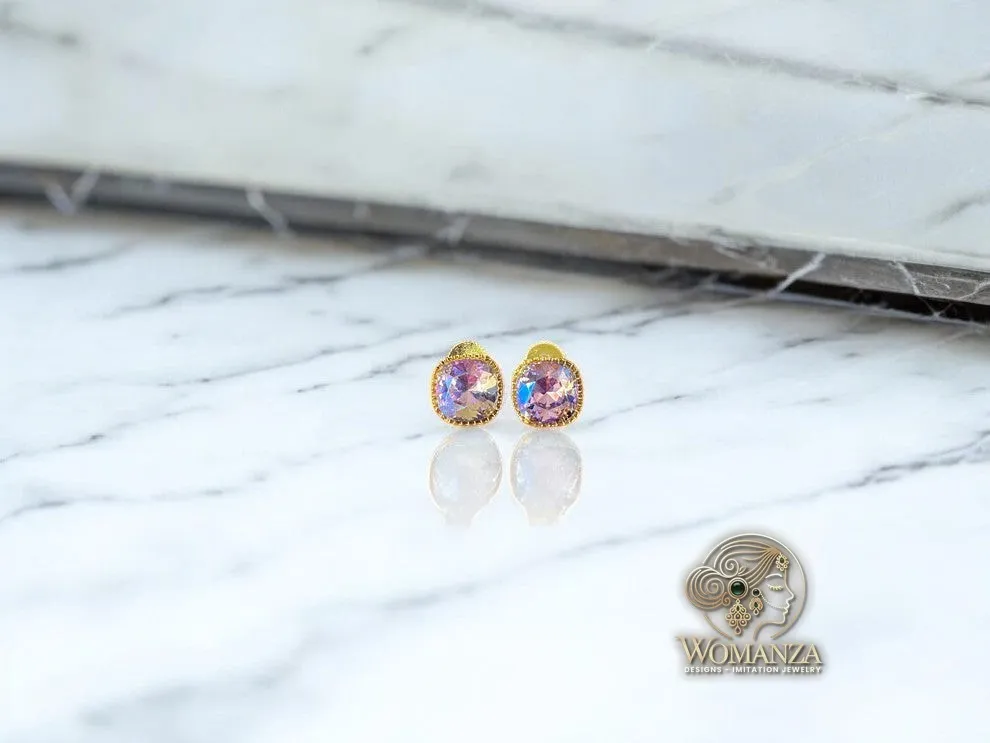 Iridescent Lavender Cushion Stud Earrings with Gold-Tone Halo