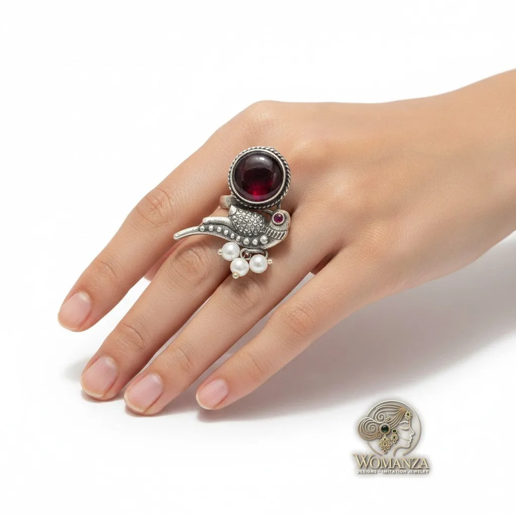 Rubina Oxidised Bird Ring with Garnet-Red Cabochon & Pearl Cluster