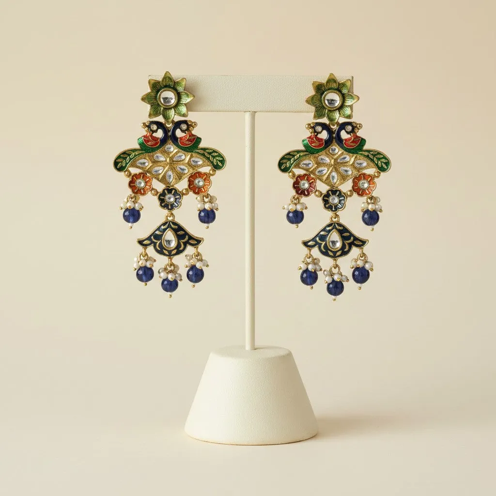 Peacock Motif Meenakari Chandbali Earrings with Pearl Clusters