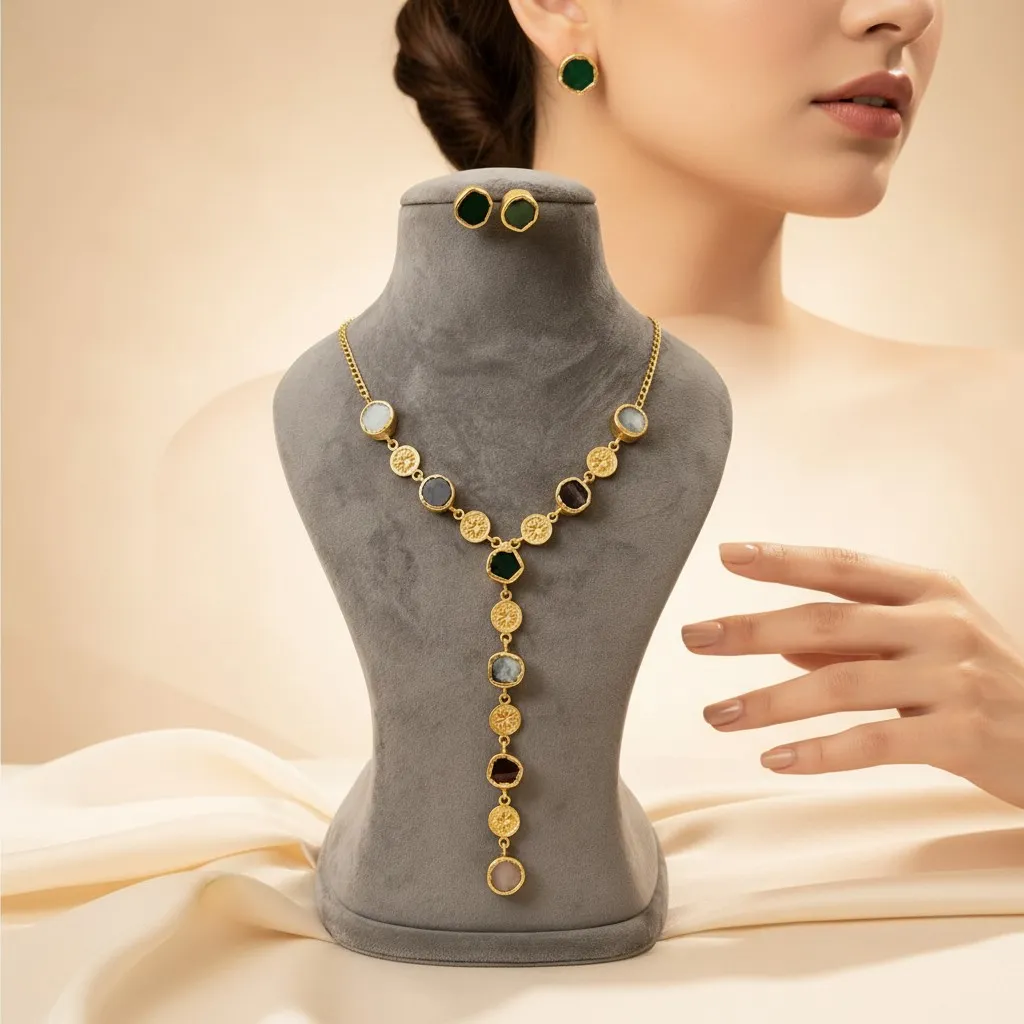 Natural Stone & Gold Coin Lariat Necklace Set with Stud Earrings