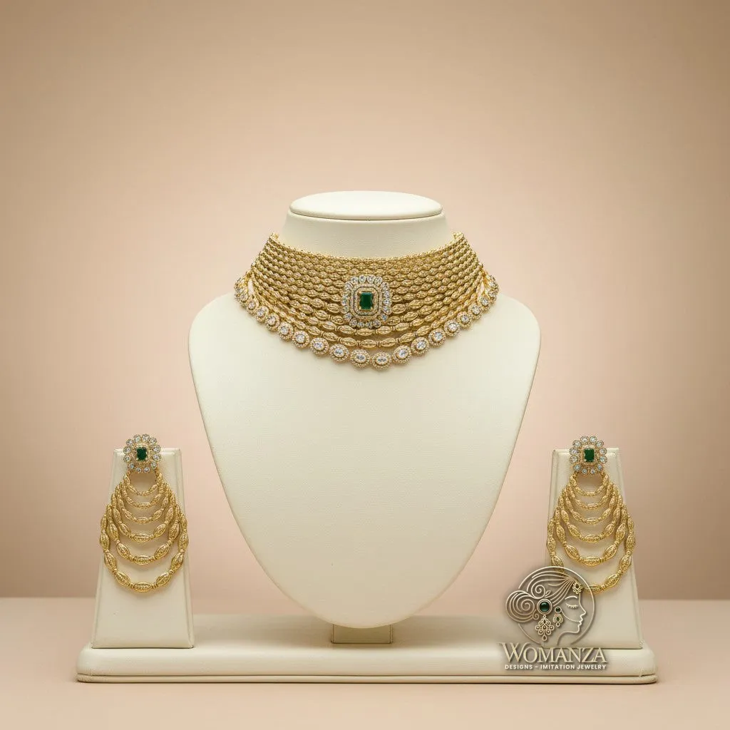 Zamindari Royal Emerald Layered Choker Set with Cascading Earrings